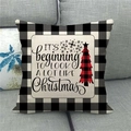 Close-up of Christmas linen pillowcase with black buffalo plaid and festive tree print - Christmas Tree With Snowflakes Style