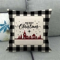 Close-up of Merry Christmas linen pillowcase with red plaid church and pine tree pattern - Christmas Village Silhouette (Style 9)