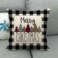 Close-up of Merry Christmas plaid pine tree linen pillowcase on a grey sofa couch - Multi-Pattern Trees (Style 14)
