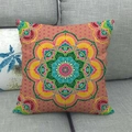 Macro detail of Bohemian linen cushion cover with colorful symmetric mandala pattern - Standard Square / Magenta Emerald Fine Mandala (7)