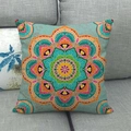 Detail of bohemian mandala pattern linen pillowcase on a grey fabric sofa - Standard Square / Orange Pink Cyan Blue Bohemian Pattern (8)