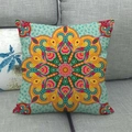 Close-up of bohemian linen pillowcase with vibrant symmetrical mandala floral pattern - Standard Square / Light Cyan Floral Base Colorful Mandala (9)
