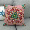 Detail shot of a bohemian mandala linen pillowcase featuring vibrant geometric patterns - Standard Square / Bright Pink Symmetrical Geometric (10)