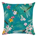 Detail of tropical soft pillowcase with palm leaves, frangipani flowers and dragonfly - 45x45cm / Dark Teal Dragonfly Rainforest Style (15)