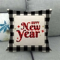 Beige linen Happy New Year pillow cover with black and white plaid border on a sofa - Happy New Year Festive Lettering (6) / 45x45cm