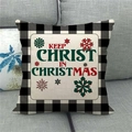 Close-up of Merry Christmas linen pillow cover with buffalo plaid trim on a sofa - Keep Christ In Christmas Lettering (16) / 45x45cm