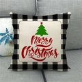 Close-up of Merry Christmas linen pillowcase with green tree and buffalo plaid border - Green Xmas Tree Merry Christmas (15) / 45x45cm