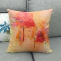 Detail of autumn maple tree pattern on linen pillow cover showing fabric texture - Artistic Oil Painting Forest (12) / 45x45cm