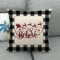 Federa natalizia in lino con testo Believe a scacchi e silhouette di renne - Stile Slitta di Babbo Natale Believe