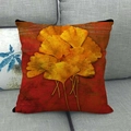 Close-up of fall maple leaf print on linen throw pillow case for autumn home decoration - Dark Red Background Yellow Ginkgo Leaf (9)