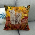 Detailed texture of linen throw pillow cover with cute cats and autumn maple leaves - Two Kittens in Pot with Maple Leaves (18)