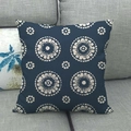 Detail of square navy linen pillowcase with white mandala pattern on a grey sofa - 18x18 Inch / Deep Blue With White Pattern (2)