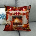 Detailaufnahme eines gemütlichen Herbst-Leinenkissenbezugs mit Hund-, Katze- und Kaminmotiv - Kamin Golden Retriever Stil (1)