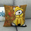 Détail d'un coussin en lin carré avec un chiot en imperméable et des feuilles d'automne - Style Chien Blanc en Imperméable Jaune (14)