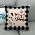Merry Christmas linen pillow cover with buffalo plaid border and snowflake patterns - Script Merry Christmas Snowflake Style