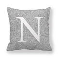 Dettaglio della texture glitterata e lettera N su una federa grigia quadrata - Lettera N