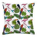 Tropischer Kissenbezug mit Papageien, Flamingos und grünen Blättern auf weißem Grund - 45x45cm / Tropische Vögel Blumenstil (4)