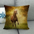 Close-up of running horse oil painting pattern on textured linen decorative cushion cover - Running Brown Horse Warm Yellow Background (9)