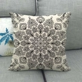 Macro detail of bohemian mandala geometric pattern on a cream linen pillowcase - Retro Black Mandala on Beige (11) / 45x45cm