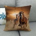 Close-up of running horse oil painting print on linen throw pillow cover on grey sofa - Exquisite Warm Brown Galloping Stallion (14)