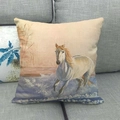 Linen pillow cover with white running horse oil painting print on a gray sofa - Watercolor Style White Horse at Sunset (13)