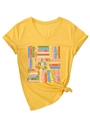 Detail of yellow V-neck t-shirt with Read More Books graphic and knotted hem detail - S / Yellow