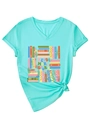 Detail of mint green V-neck T-shirt with 'Read More Books' print and front knot design - S / Mint Green