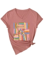Detail of V-neck cotton T-shirt featuring Read More Books floral print and knotted hem - Rose Gold