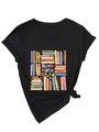 Detail of V-neck black T-shirt featuring colorful Read More Books print and front hem knot - Black