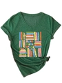 Detail of V-neck dark green t-shirt with Read More Books print and side knot design - Vintage Green