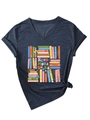 Detail of V-neck navy blue t-shirt with Read More Books print and stylish knotted hemline - Navy Blue