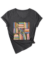 Detail of V-neck heather grey T-shirt with Read More Books print and front knot hem - Black Heather Grey