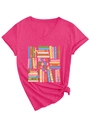 Detail of rose pink V-neck T-shirt with book illustration and a stylish knotted hem - Rose Red