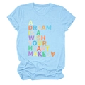 Detailed view of colorful rainbow letter print on light blue cotton round neck t-shirt - Light Blue