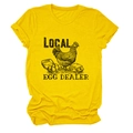 Detail of the vintage hen and egg graphic print on yellow cotton crewneck t-shirt - Yellow (Black Text)