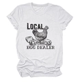 Close-up of Local Egg Dealer graphic print on white cotton crew neck t-shirt - White (Black Text)