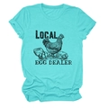 Close-up of turquoise t-shirt featuring local egg dealer graphic print with hen - Deep Water Blue (Black Text)