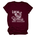 Close-up of Local Egg Dealer white graphic print on a burgundy cotton t-shirt fabric - Wine Red (White Text)