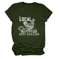 Close-up of retro local egg dealer graphic print on dark green cotton T-shirt - Army Green (White Text)