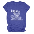 Detail of the vintage chicken and Local Egg Dealer screen print on a blue heather t-shirt - Retro Blue (White Text)