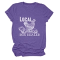 Detail of Local Egg Dealer vintage print on a heather purple cotton t-shirt - Purple (White Text)