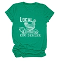Detail of green T-shirt featuring Local Egg Dealer print with white rooster graphic - Dark Green