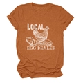Detail of Local Egg Dealer print on a heathered rust-red crewneck cotton t-shirt - Burnt Orange (White Text)