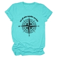 Detailed view of teal cotton t-shirt featuring compass design and wanderlust quote print - Deep Water Blue (Black Text)