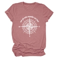 Detail of compass print and 'not all who wander are lost' slogan on mauve t-shirt - Rose Gold (White Text)