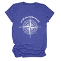 Detail of blue heather t-shirt featuring white compass print and wanderlust text - Retro Blue (White Text)