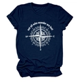 Detail of navy blue cotton t-shirt featuring a white compass and Not All Who Wander print - Navy Blue (White Text)