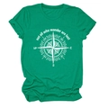 Detailed view of the turquoise cotton T-shirt featuring a white compass and wander quote - Ink Green (White Text)