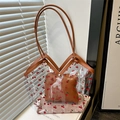 Tote bag set with cherry print transparent PVC and brown leather straps for women - Brown