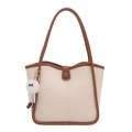 Sac fourre-tout minimaliste en cuir beige et marron avec pendentif peluche mignon - Blanc avec pendentif
